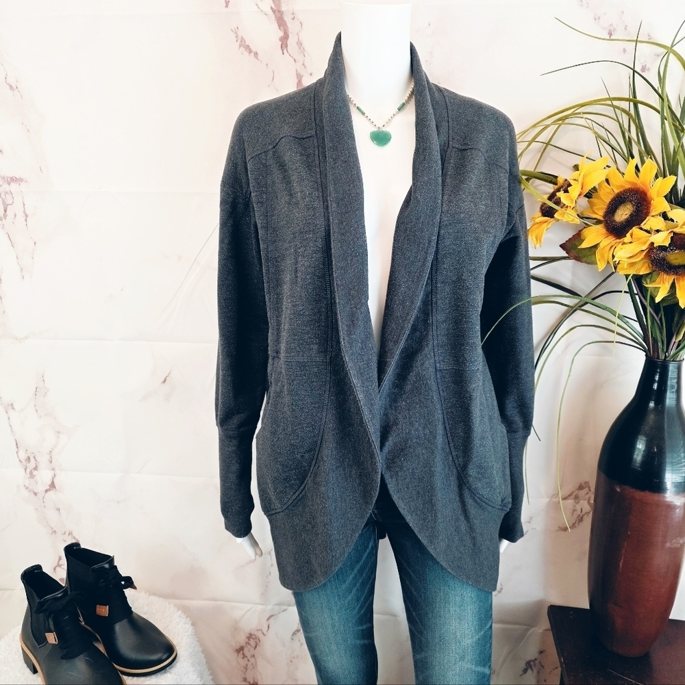Eddie Bauer Camp Fleece Wrap Warm Charcoal Open Front Cardigan